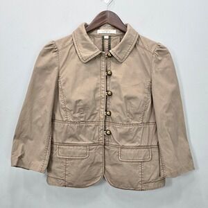 LOFT Blazer Jacket 4 Tan Cropped Babydoll Elbow Patches Military Safari Y2K‎